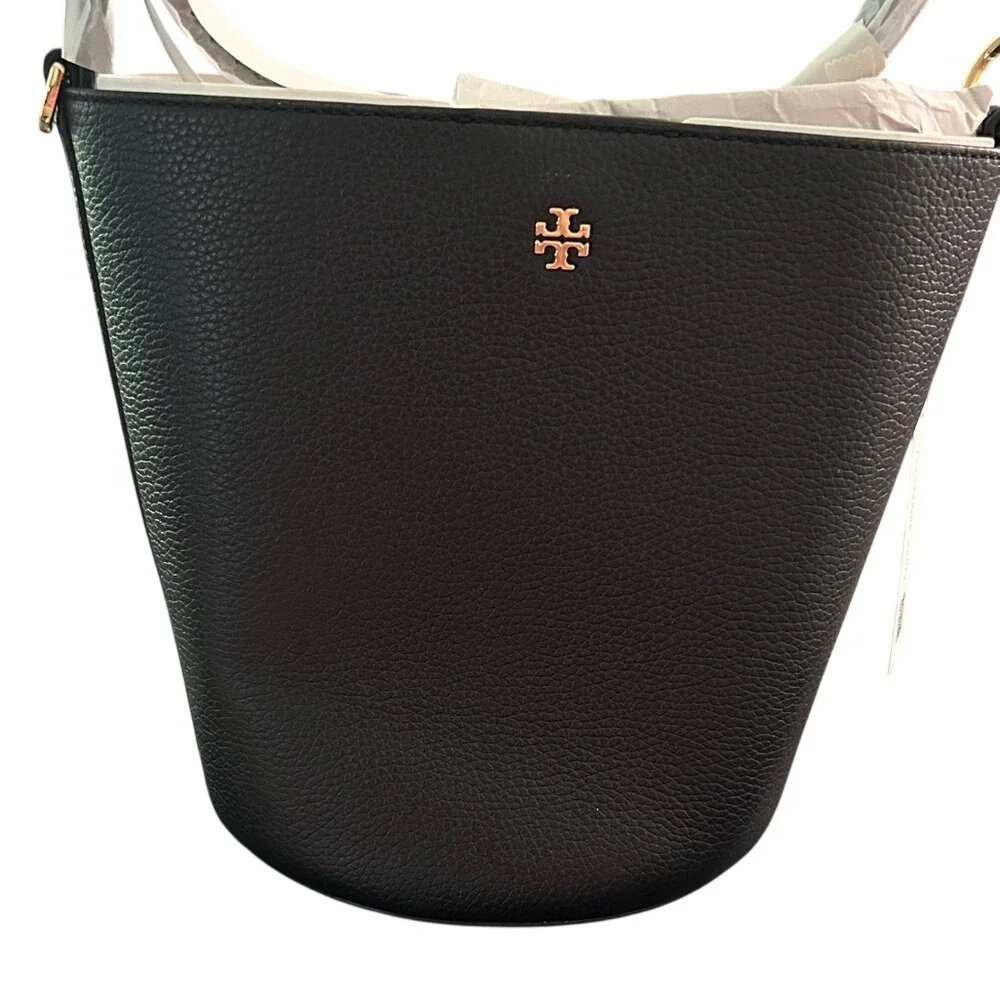 Tory Burch Blake Bucket Bag Black Leather Top Handle Crossbody Gold‎ Logo OS